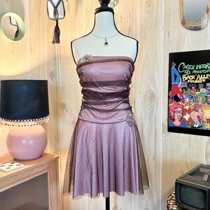 Vintage Women's Medium Pink and Brown Sparkle Mesh Stretch Strapless Mini Dress